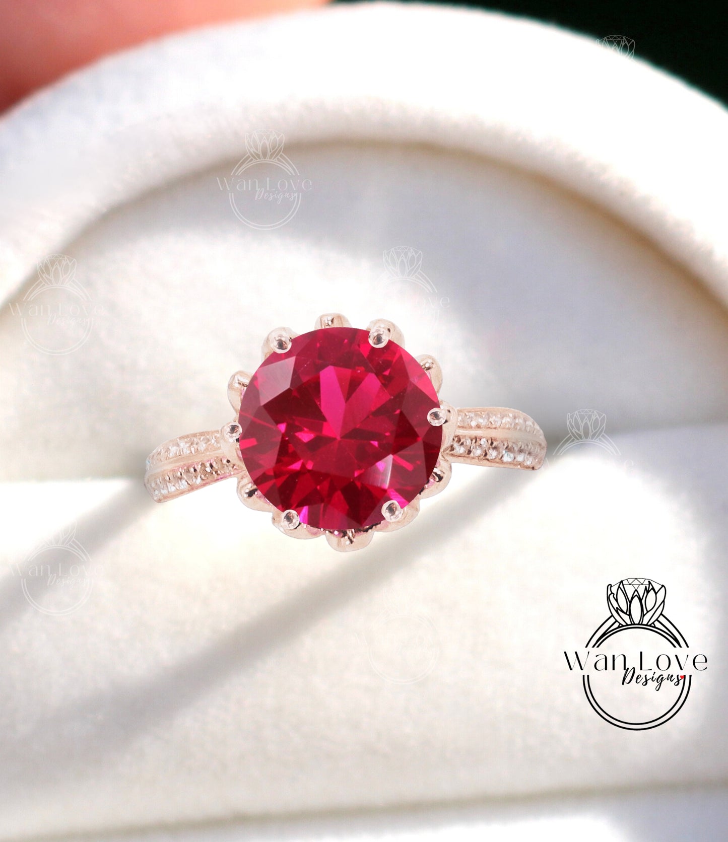 Ruby & Diamond Lotus Flower Engagement Ring, Round, 14k 18k White Yellow Rose Gold-Platinum-Custom made-Wedding-Anniversary Gift