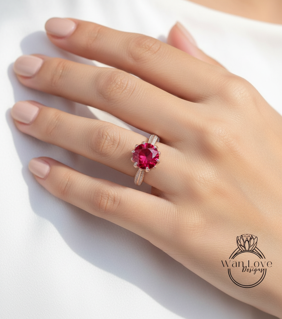 Ruby & Diamond Lotus Flower Engagement Ring, Round, 14k 18k White Yellow Rose Gold-Platinum-Custom made-Wedding-Anniversary Gift