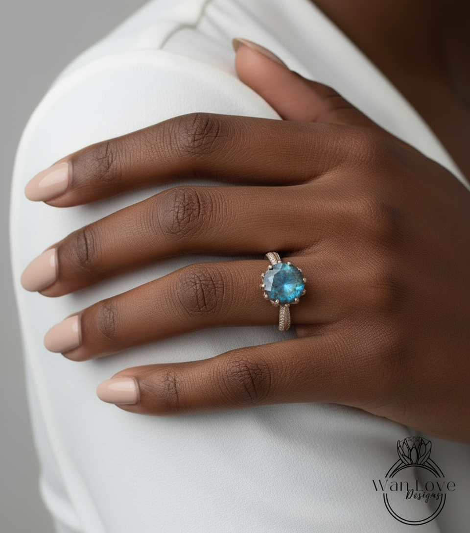 Labradorite Diamond Lotus Flower Engagement Ring, Custom, 14k 18 White Yellow Rose Gold-Platinum, Wedding, Anniversary Gift