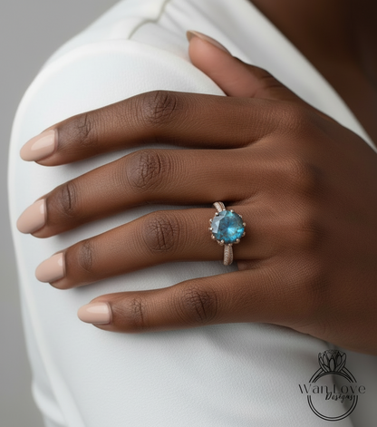 Labradorite Diamond Lotus Flower Engagement Ring, Custom, 14k 18 White Yellow Rose Gold-Platinum, Wedding, Anniversary Gift