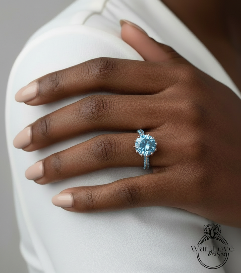 Anello di fidanzamento con fiore di loto con spinello blu acquamarina, 3 ct, 9 mm, anniversario di matrimonio personalizzato, 14k, 18k, bianco, giallo, oro rosa, platino, taglio rotondo