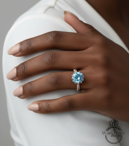 Anello di fidanzamento con fiore di loto con spinello blu acquamarina e diamante, rotondo, personalizzato, oro giallo bianco rosa 18k 14k, platino