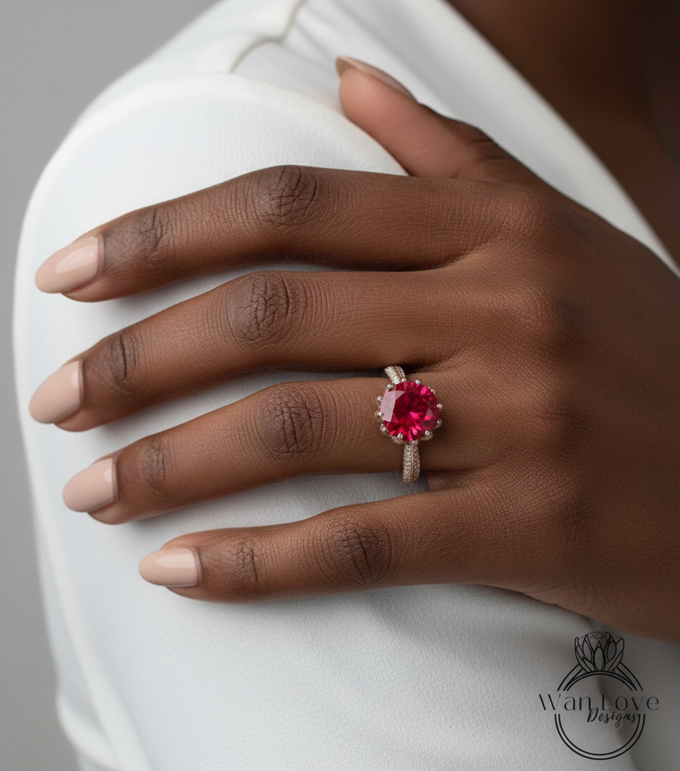 Ruby & Diamond Lotus Flower Engagement Ring, Round, 14k 18k White Yellow Rose Gold-Platinum-Custom made-Wedding-Anniversary Gift