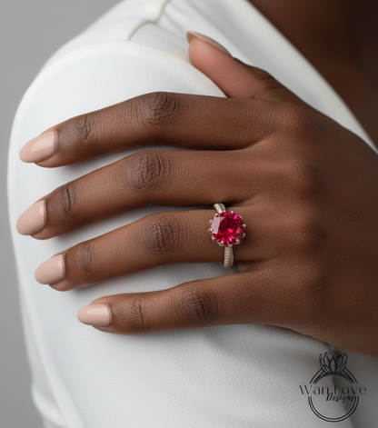Ruby & Diamond Lotus Flower Engagement Ring, Round, 14k 18k White Yellow Rose Gold-Platinum-Custom made-Wedding-Anniversary Gift