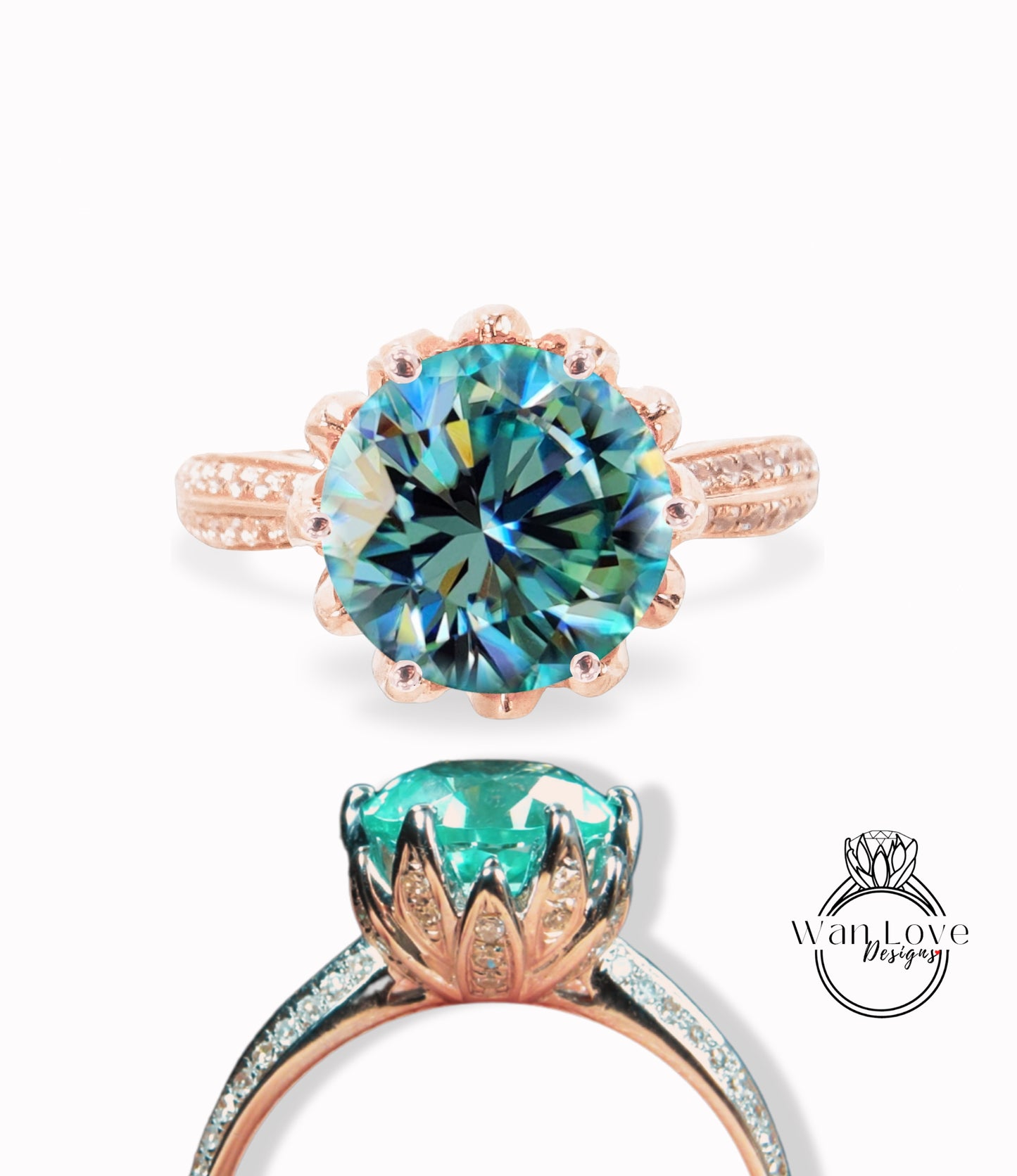 Lotus Flower Blue Moissanite Diamond Engagement Ring vintage Round Lotus rose gold ring unique antique ring wedding bridal promise ring gift