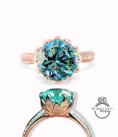 Lotus Flower Blue Moissanite Diamond Engagement Ring vintage Round Lotus rose gold ring unique antique ring wedding bridal promise ring gift