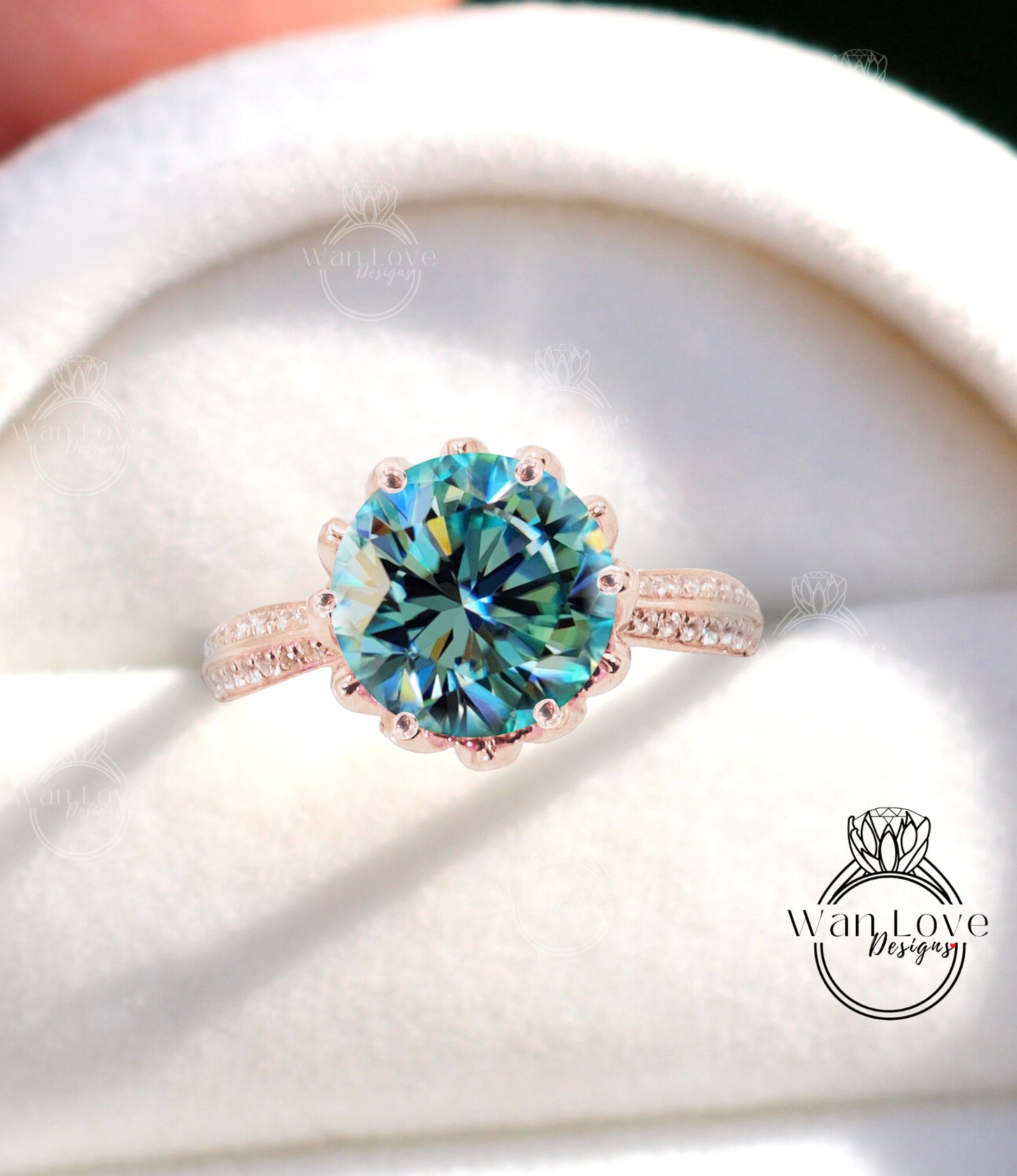 Lotus Flower Blue Moissanite Diamond Engagement Ring vintage Round Lotus rose gold ring unique antique ring wedding bridal promise ring gift