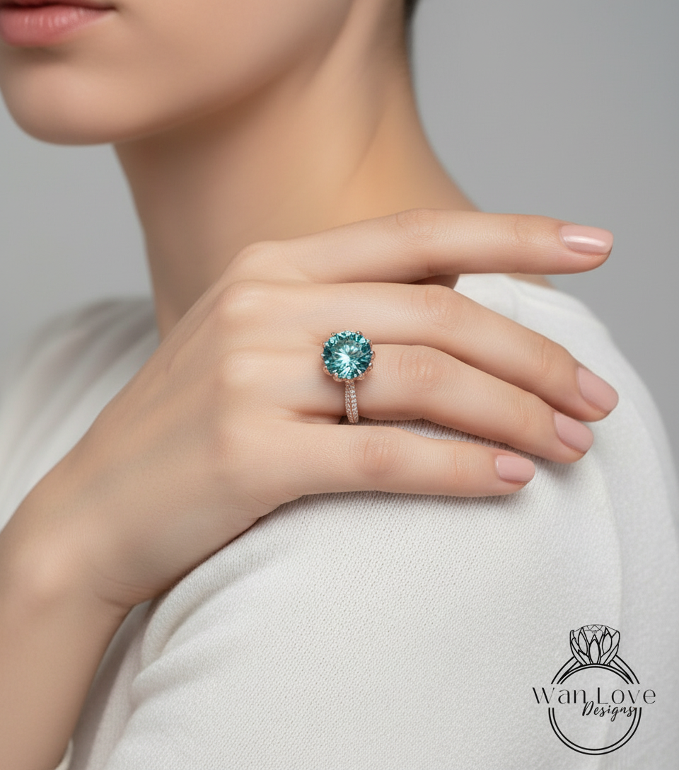 Anello di fidanzamento con diamante Moissanite blu fiore di loto Anello vintage rotondo in oro rosa con loto anello antico unico anello di promessa nuziale regalo