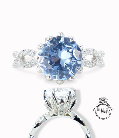 Aquamarine Blue Spinel & Diamond Lotus Flower Infinity Twisted Round Engagement Ring, 14kt 18kt Gold-Platinum-Custom-Wedding-Anniversary