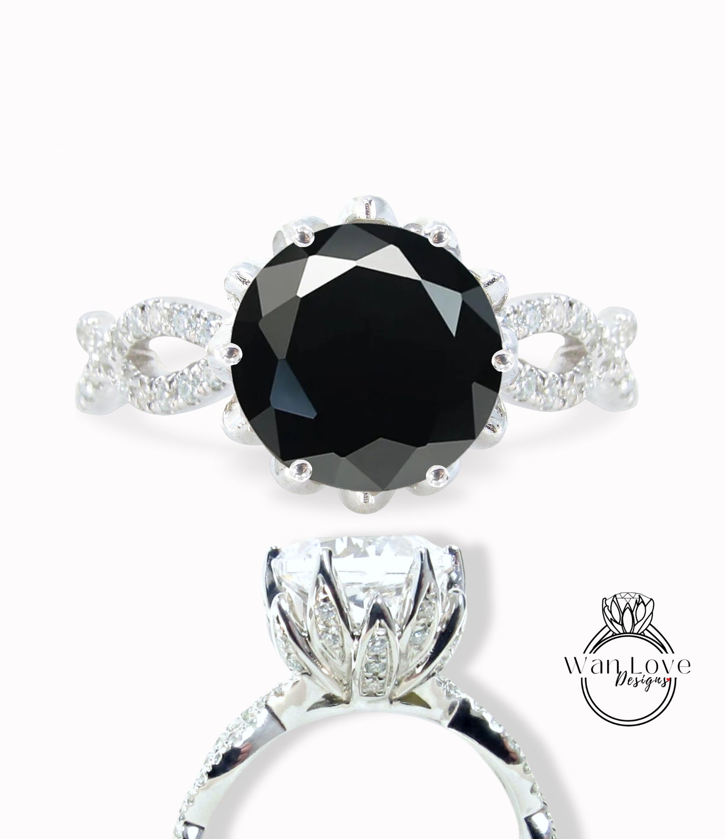 Anello di fidanzamento rotondo intrecciato con fiore di loto con spinello nero e diamante, oro 14kt 18kt, platino, anniversario di matrimonio personalizzato