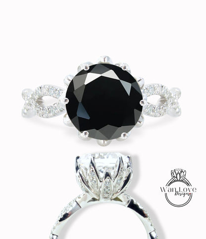 Anello di fidanzamento rotondo intrecciato con fiore di loto con spinello nero e diamante, oro 14kt 18kt, platino, anniversario di matrimonio personalizzato