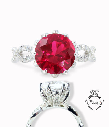 Ruby & Diamond Lotus Flower Infinity Twisted Round Engagement Ring, 14kt 18kt Gold-Platinum-Custom-Wedding-Anniversary