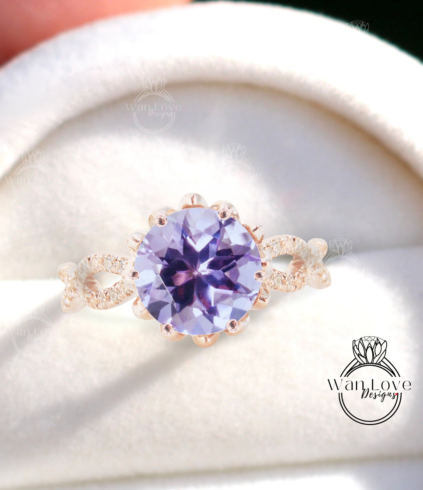 Lavender Amethyst & Diamond Lotus Flower Infinity Twisted Round Engagement Ring, 14kt 18kt Gold-Platinum-Custom-Wedding-Anniversary