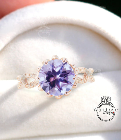 Anello di fidanzamento rotondo intrecciato con ametista lavanda e diamante, fiore di loto, oro 14kt 18kt, platino, anniversario di matrimonio personalizzato