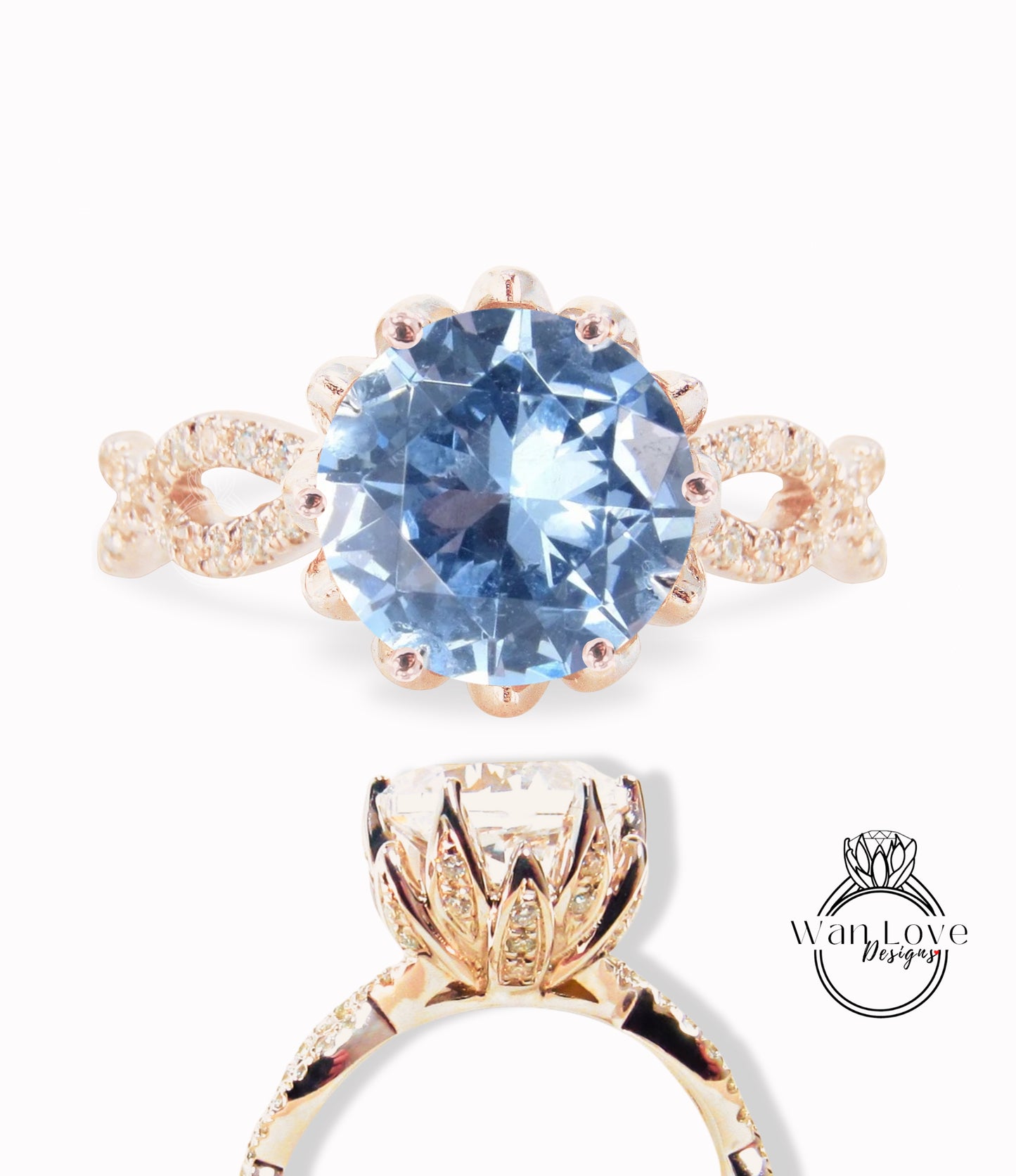 Aquamarine Blue Spinel & Diamond Lotus Flower Infinity Twisted Round Engagement Ring, 14kt 18kt Gold-Platinum-Custom-Wedding-Anniversary