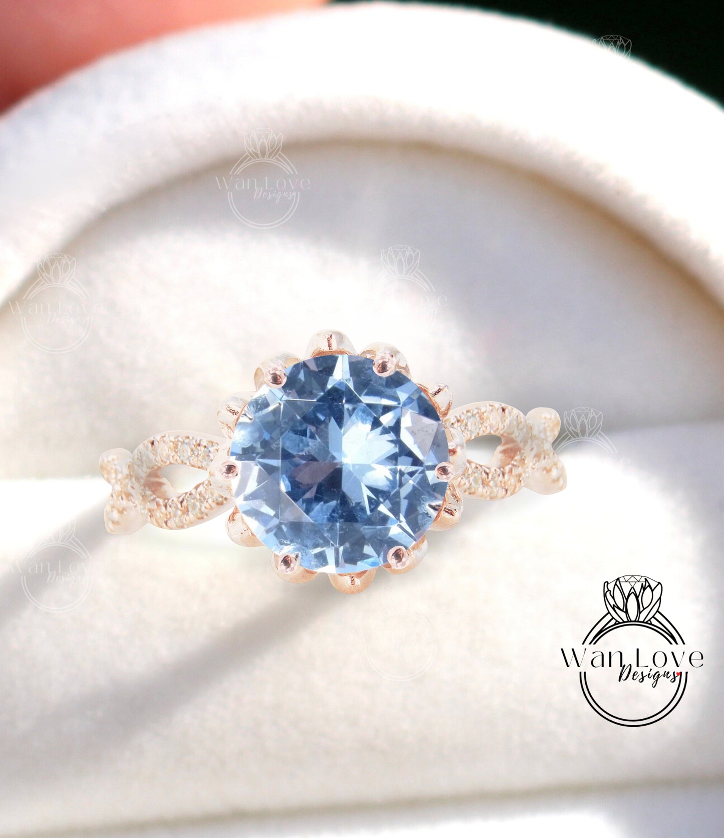 Anello di fidanzamento rotondo intrecciato con diamante e spinello blu acquamarina e fiore di loto, oro 14kt 18kt, platino, anniversario di matrimonio personalizzato