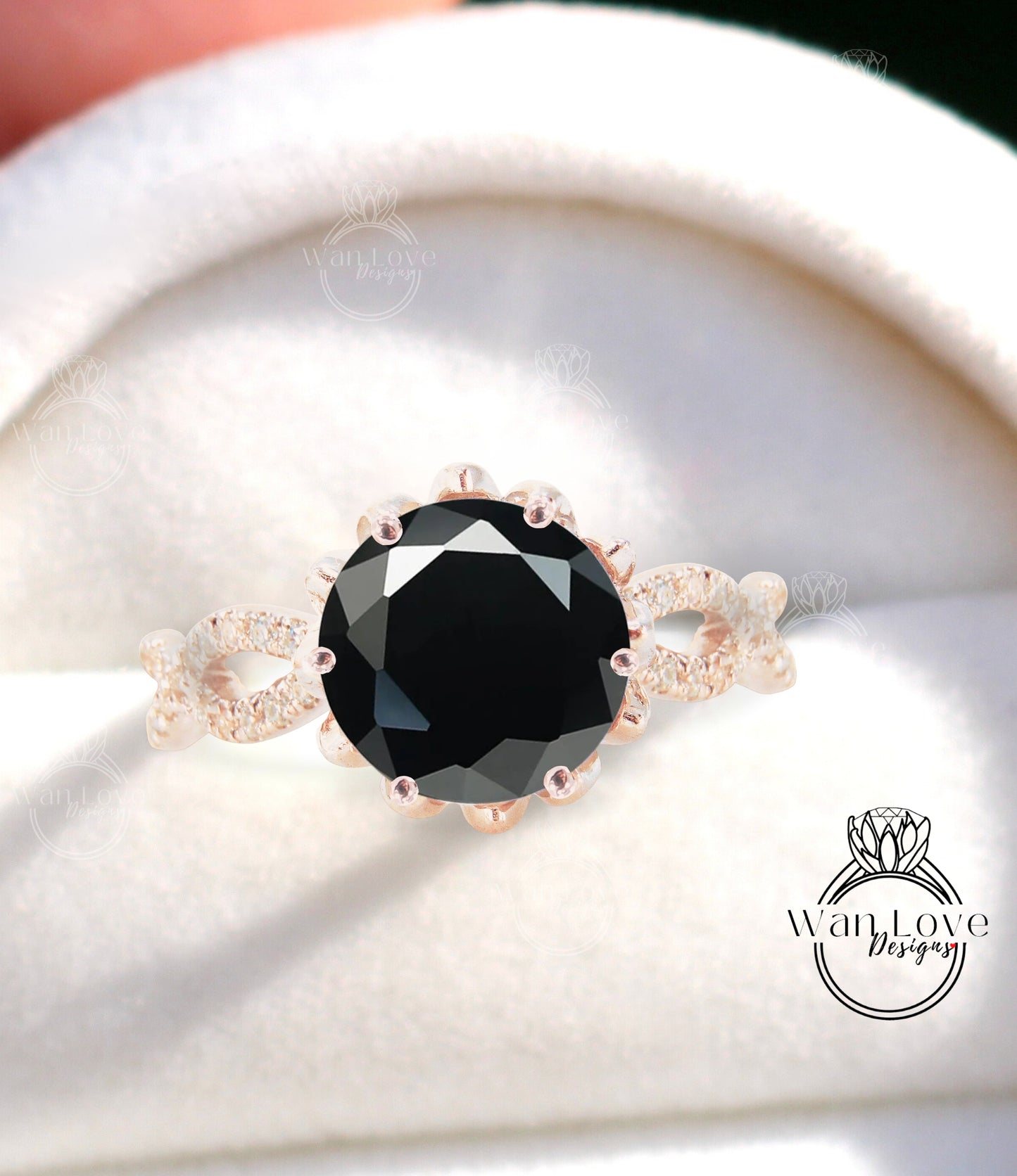 Anello di fidanzamento rotondo intrecciato con fiore di loto con spinello nero e diamante, oro 14kt 18kt, platino, anniversario di matrimonio personalizzato