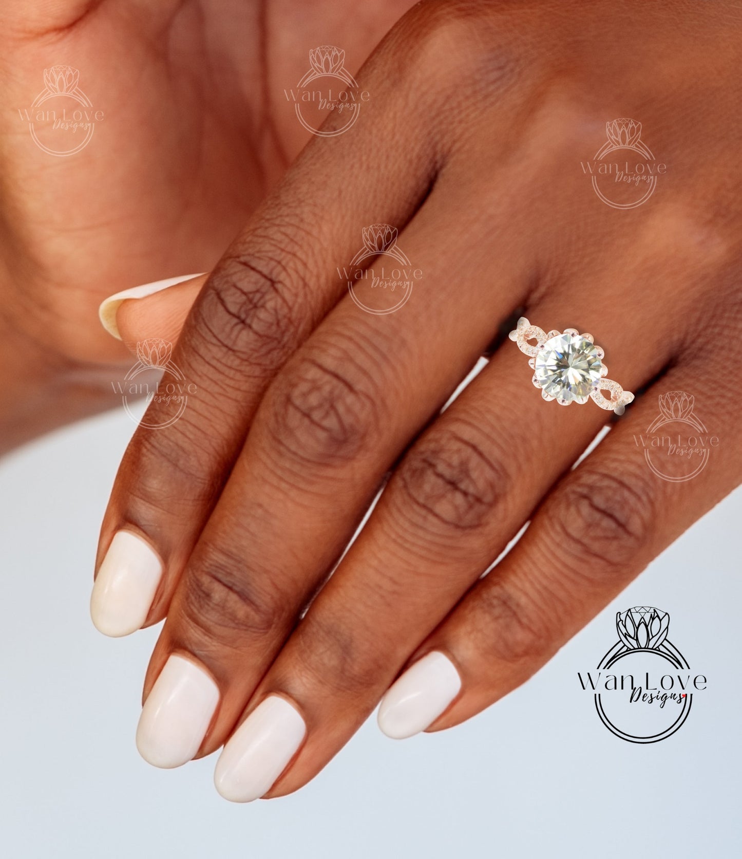 Anello di fidanzamento rotondo intrecciato con diamante e moissanite champagne, fiore di loto, oro 14kt 18kt, platino, anniversario di matrimonio personalizzato