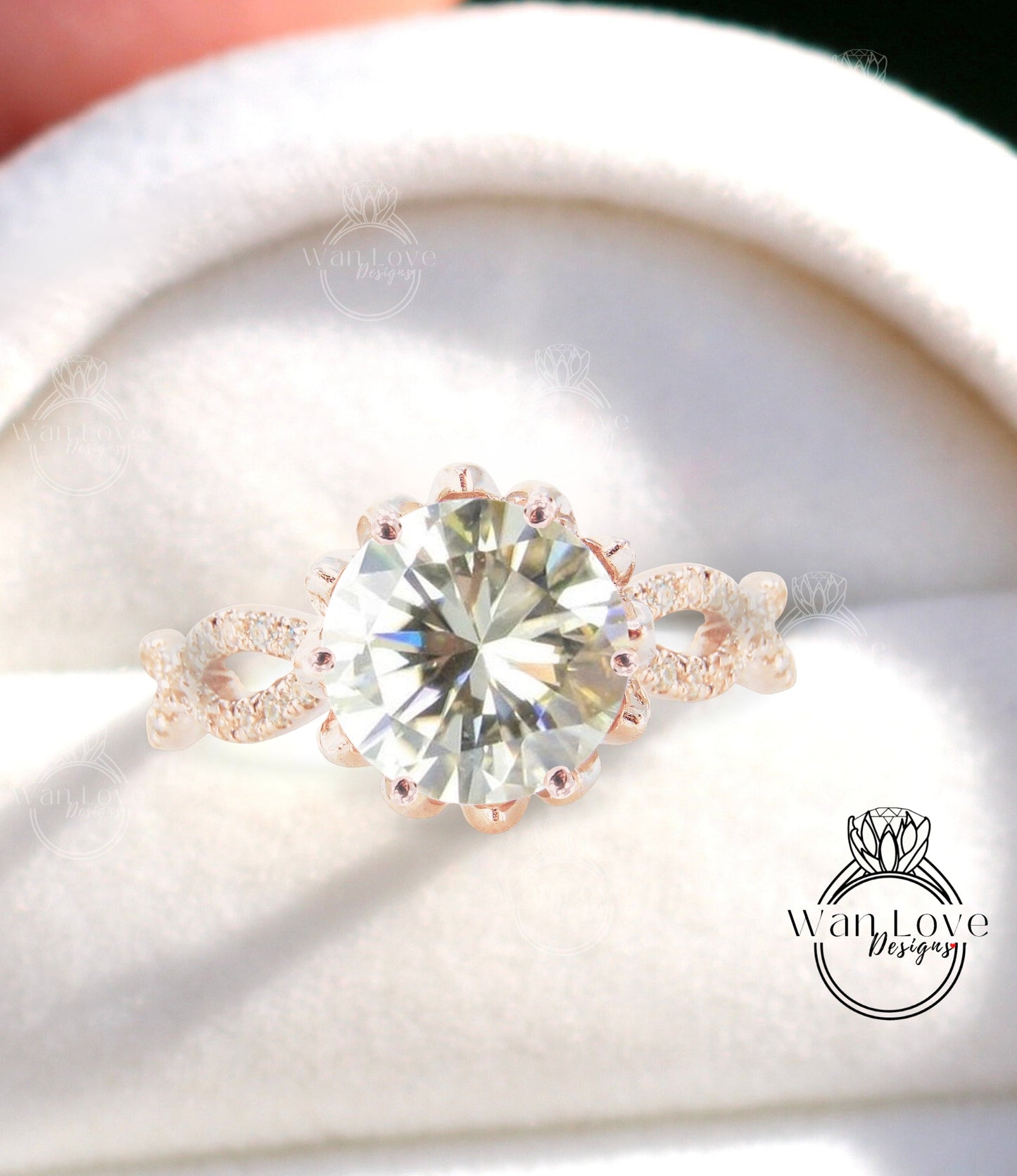 Anello di fidanzamento rotondo intrecciato con diamante e moissanite champagne, fiore di loto, oro 14kt 18kt, platino, anniversario di matrimonio personalizzato