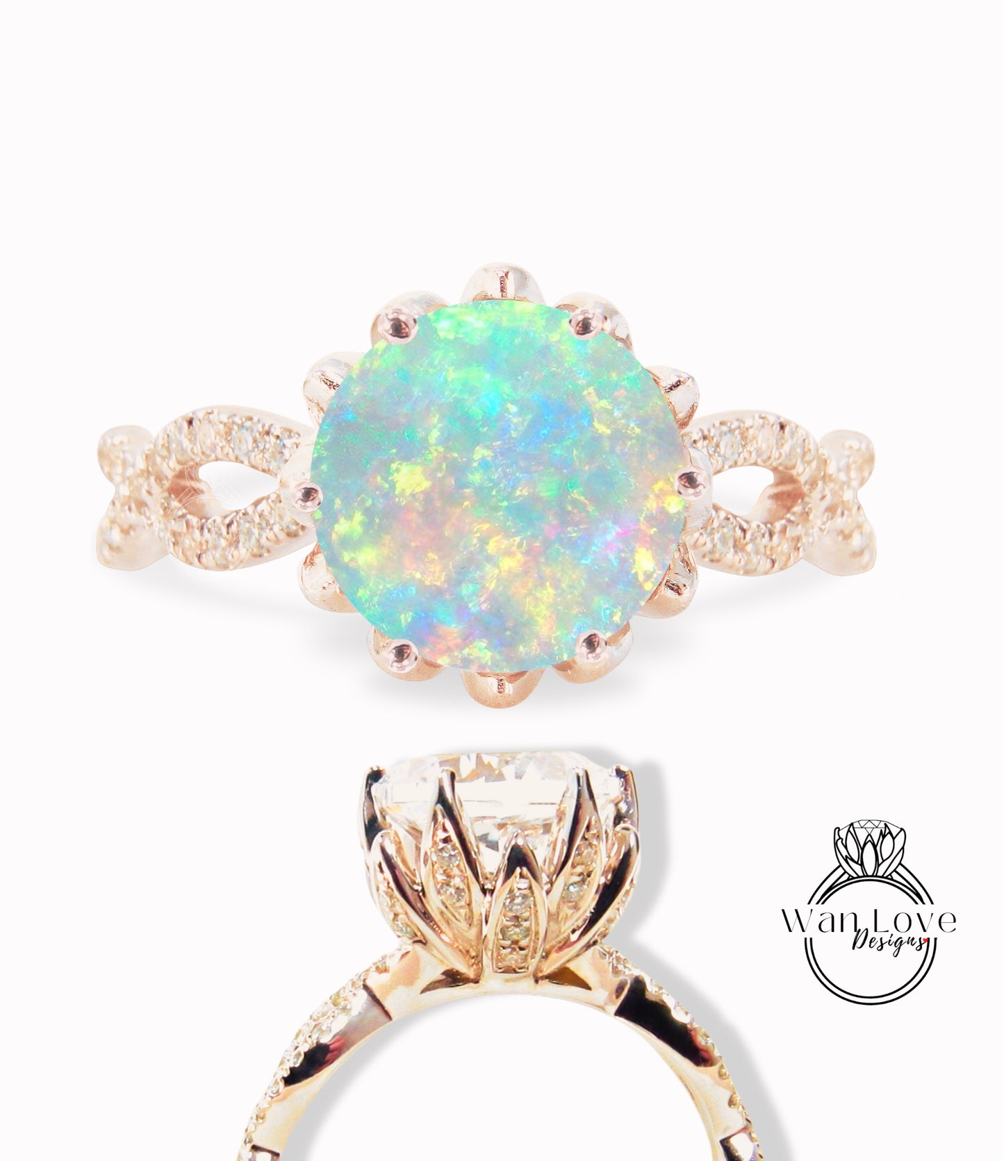 Opal engagement ring vintage Lotus flower two row ring Diamond twisted ring rose gold unique floral Bridal Promise Anniversary ring
