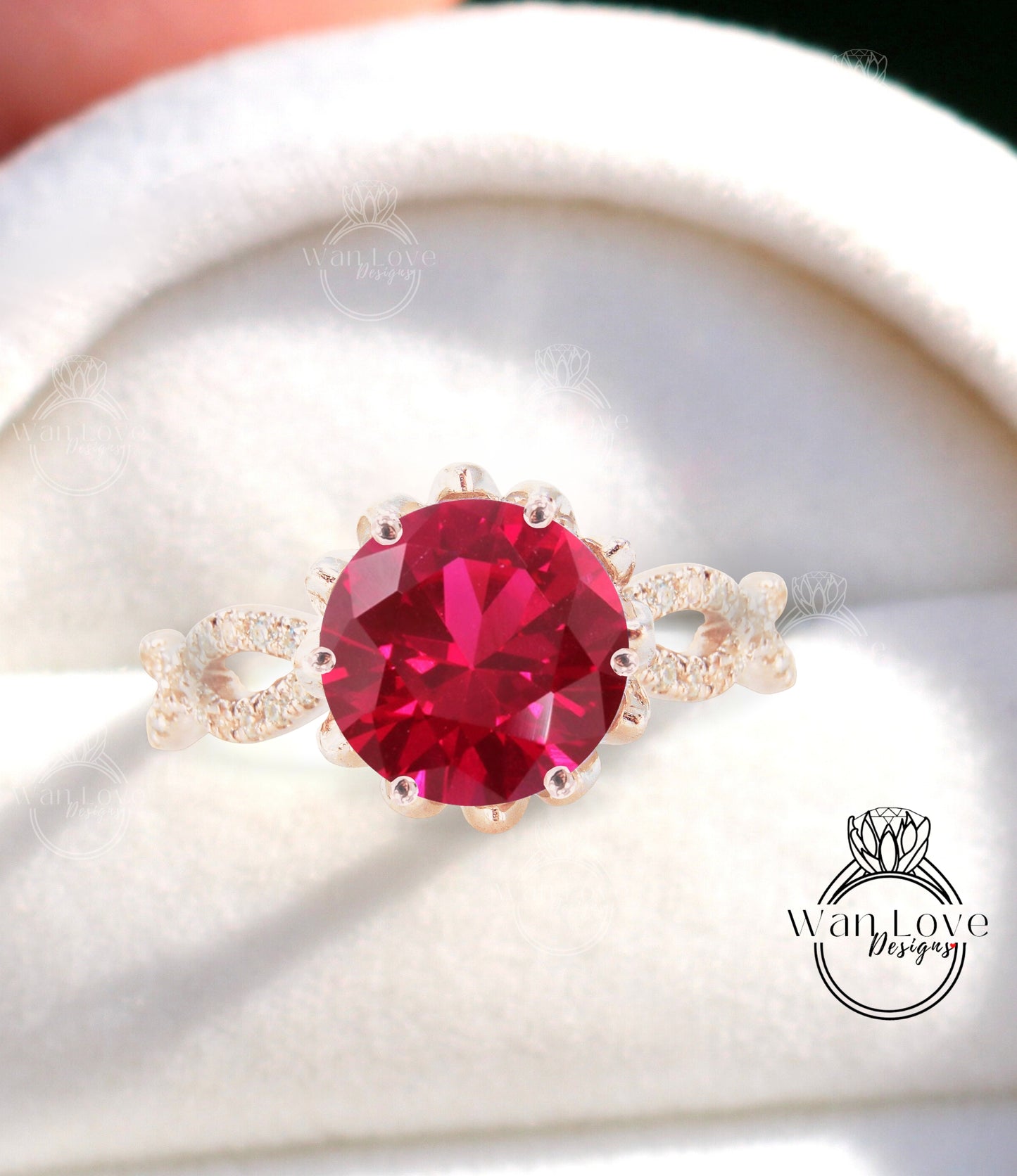 Ruby & Diamond Lotus Flower Infinity Twisted Round Engagement Ring, 14kt 18kt Gold-Platinum-Custom-Wedding-Anniversary