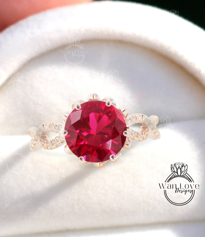 Ruby & Diamond Lotus Flower Infinity Twisted Round Engagement Ring, 14kt 18kt Gold-Platinum-Custom-Wedding-Anniversary