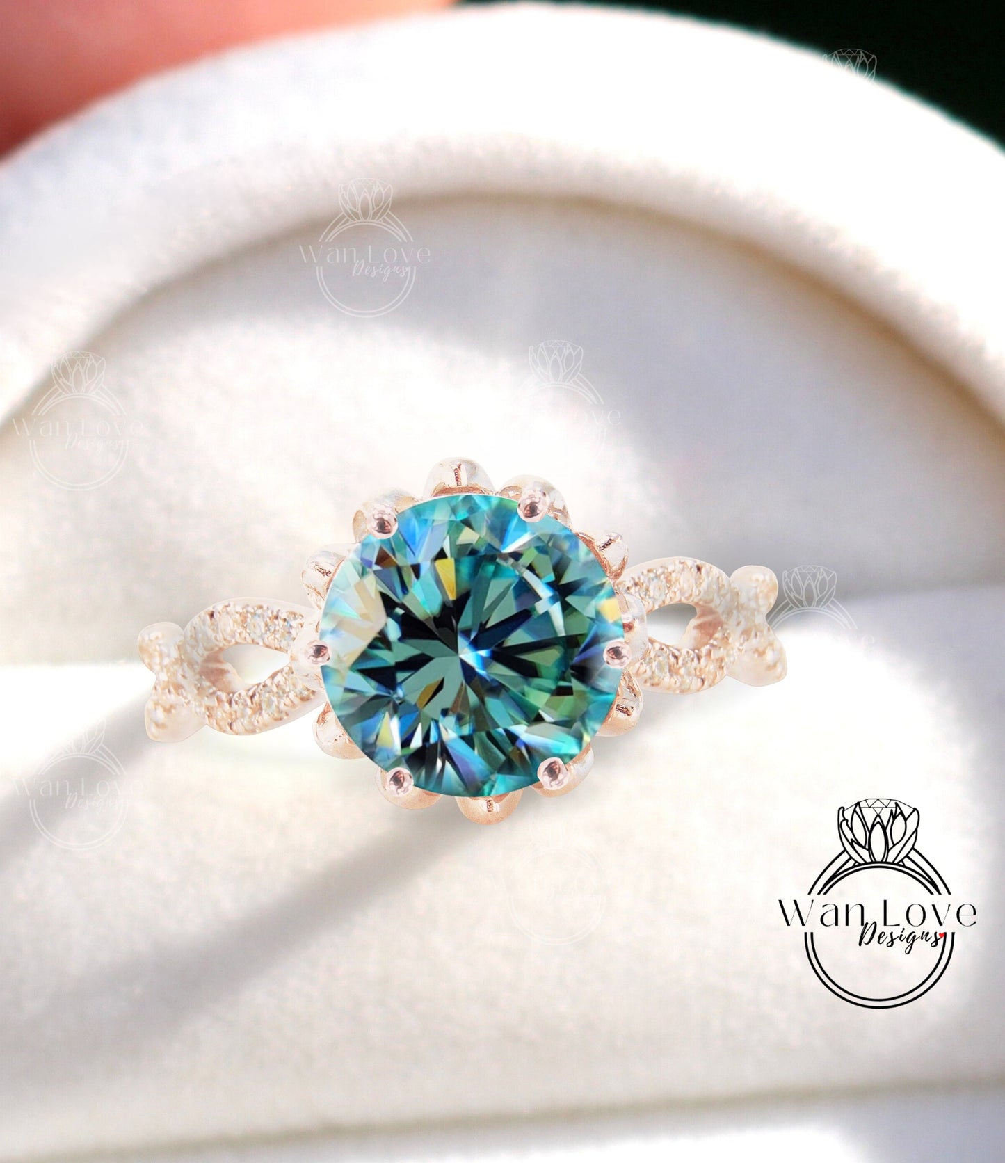 Anello di fidanzamento blu Moissanite Anello vintage a due file con fiore di loto Anello in oro con diamanti intrecciati Anello rotondo floreale Promessa nuziale Anello anniversario