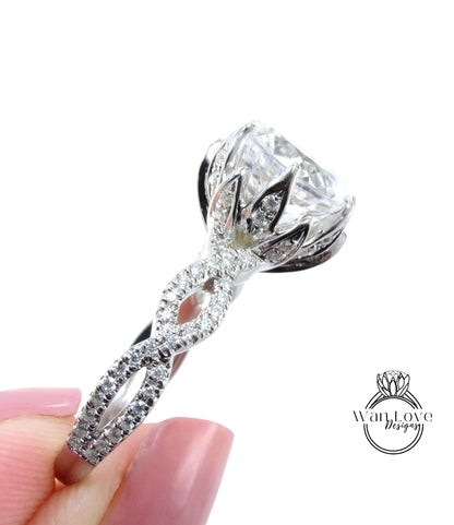 Anello di fidanzamento rotondo intrecciato con diamante e moissanite champagne, fiore di loto, oro 14kt 18kt, platino, anniversario di matrimonio personalizzato