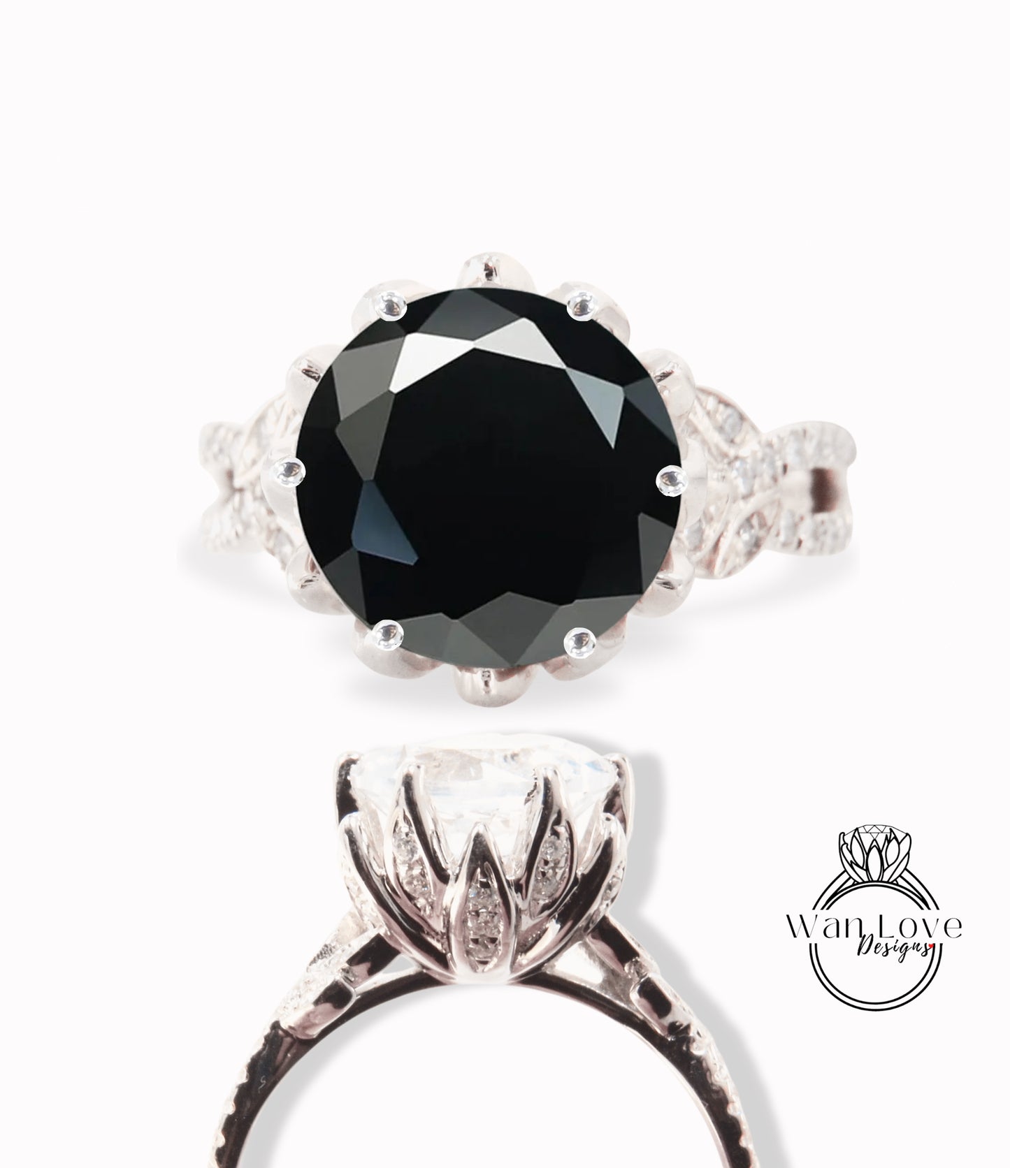 Black Spinel & Diamond Lotus Flower Split Shank Leaf Engagement Ring, 14k 18k White Yellow Rose Gold, Platinum,Custom,Wedding, Gift