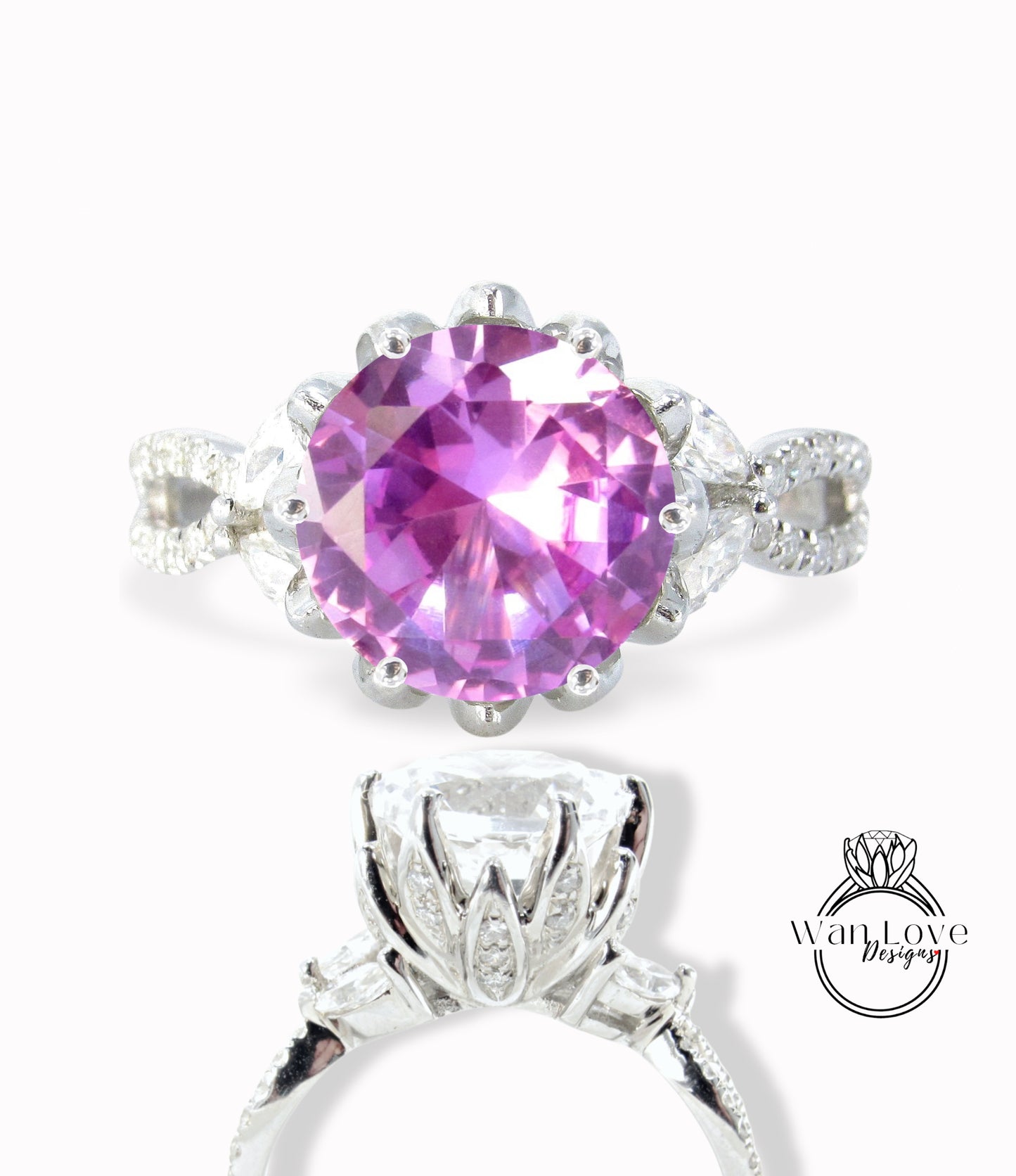 Pink Sapphire & Diamond Lotus Flower Engagement Ring Marquise Split Shank Leaf 14k 18k White Yellow Rose Gold-Platinum-Custom-Wedding