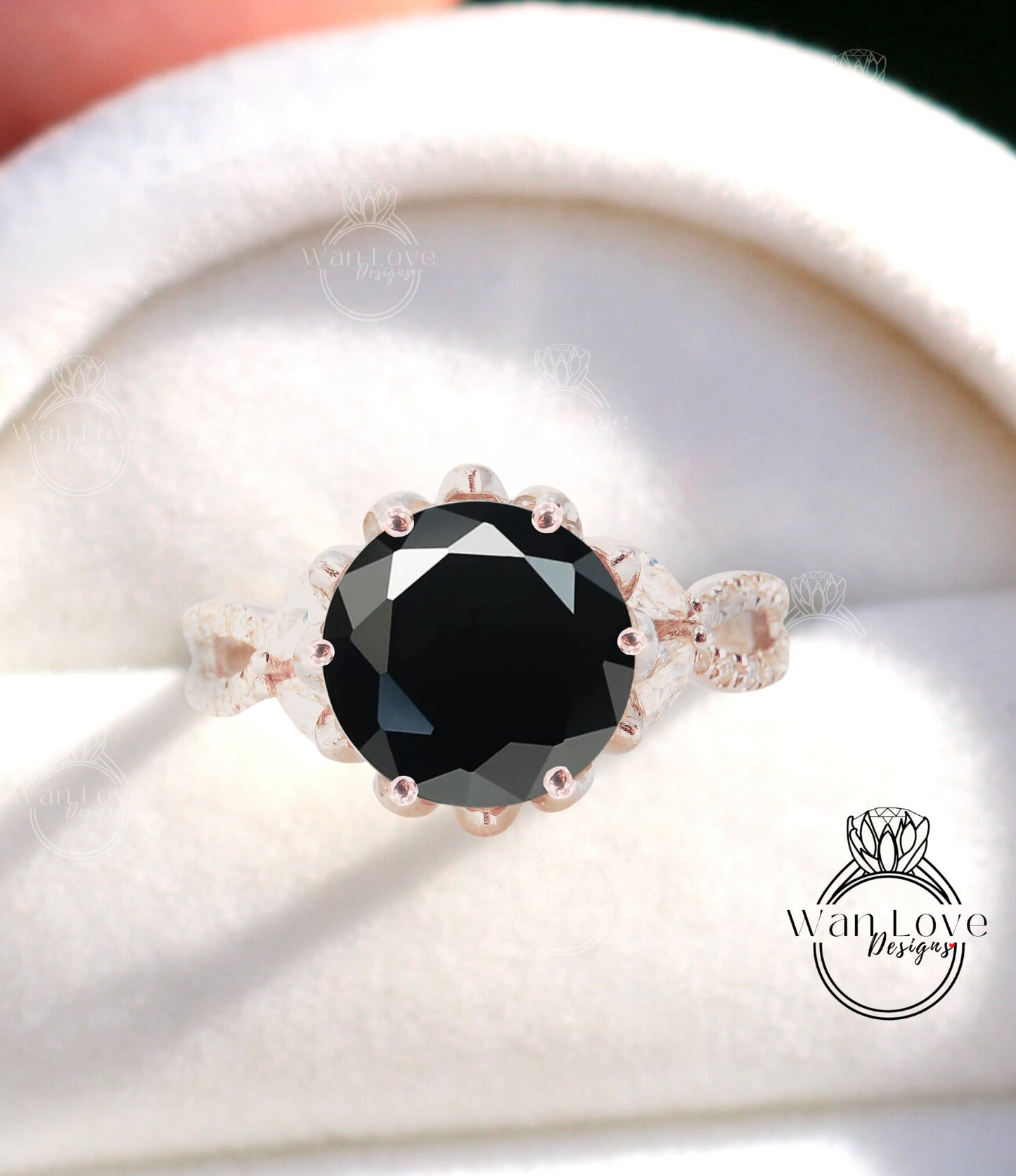 Anello di fidanzamento con fiore di loto con spinello nero e diamante Marchesa con gambo diviso foglia 14k 18k bianco giallo oro rosa-platino-matrimonio personalizzato