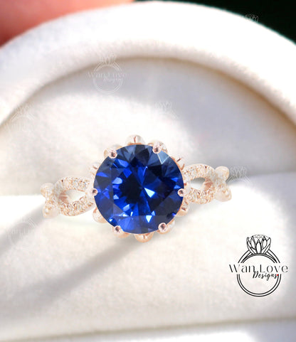 Anello di fidanzamento rotondo intrecciato con fiore di loto con zaffiro blu e diamante, oro 14kt 18kt, platino, anniversario di matrimonio personalizzato