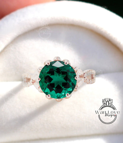 Vintage Emerald Diamond Lotus Flower Ring Marquise Leaf Split Shank Engagement Ring antique flower round ring wedding promise ring