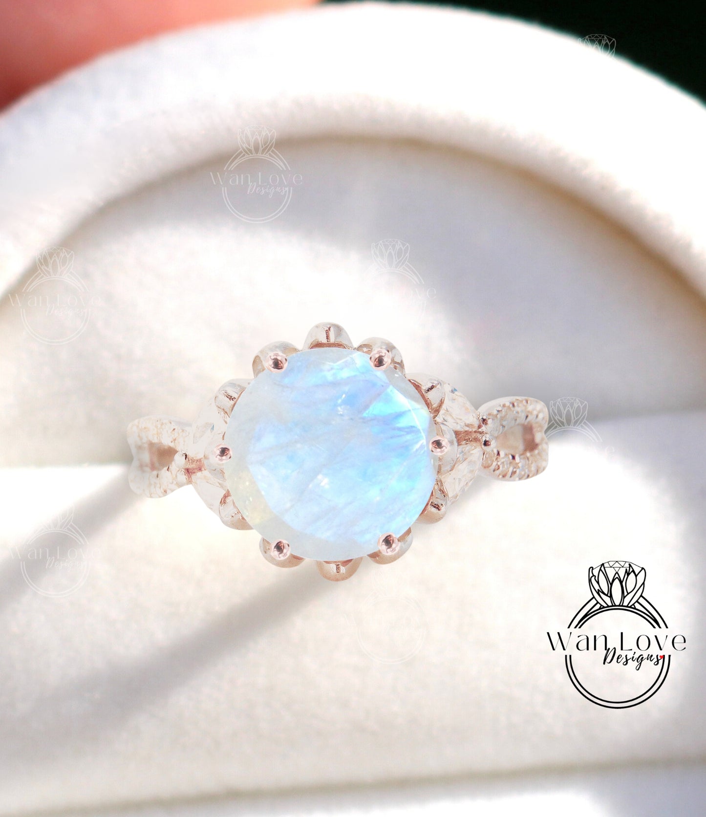 Moonstone & Diamond Lotus Flower Engagement Ring Marquise Split Shank Leaf  14k 18k White Yellow Rose Gold Platinum Custom