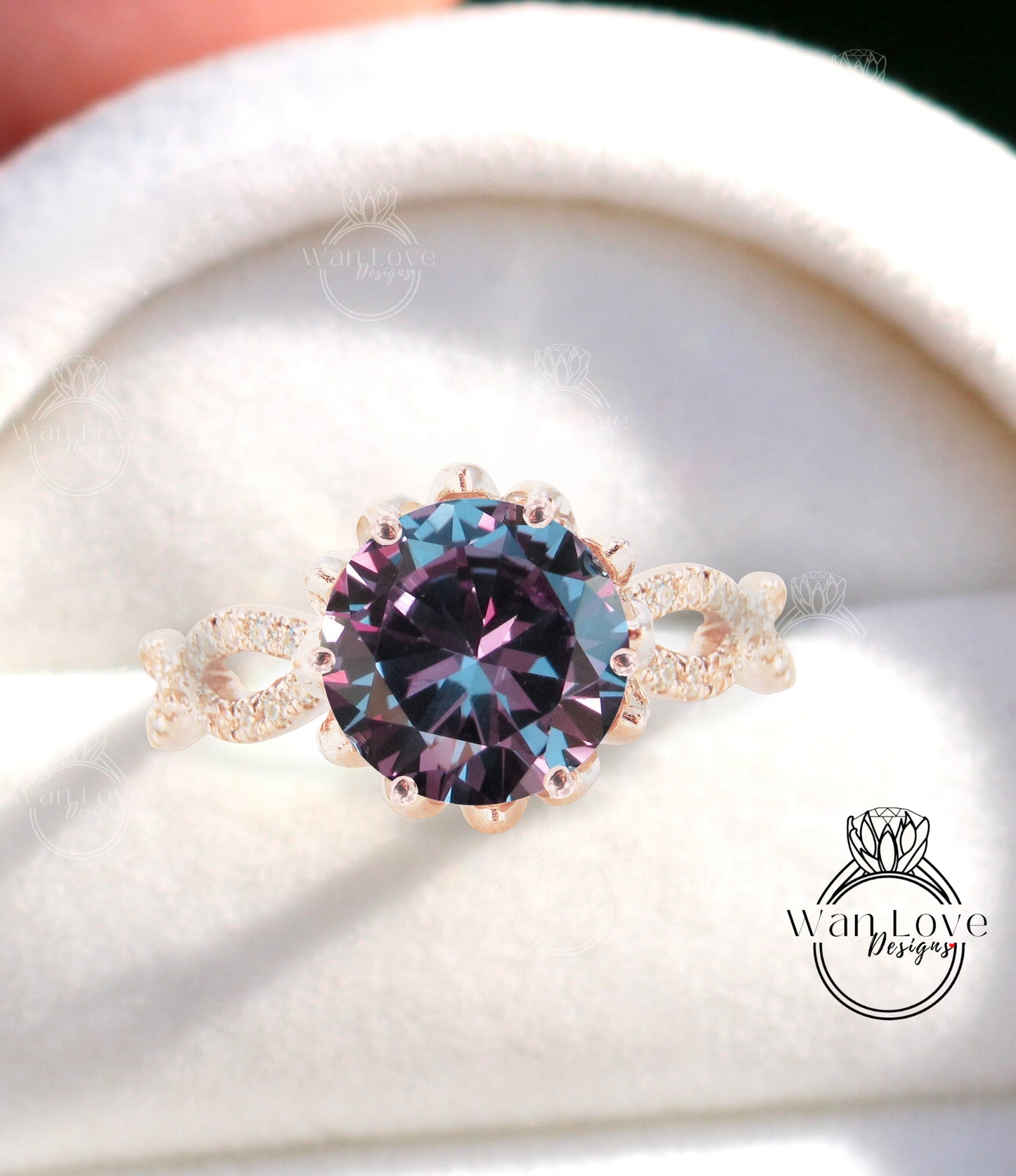 Purple Sapphire Alexandrite Color engagement ring vintage Lotus flower two row ring Diamond twisted ring floral Bridal Anniversary ring