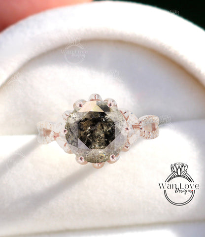 Anello di fidanzamento con fiore di loto, diamante sale e pepe, foglia di marquise con gambo diviso, 14k, 18k, bianco, giallo, oro rosa, platino, matrimonio personalizzato