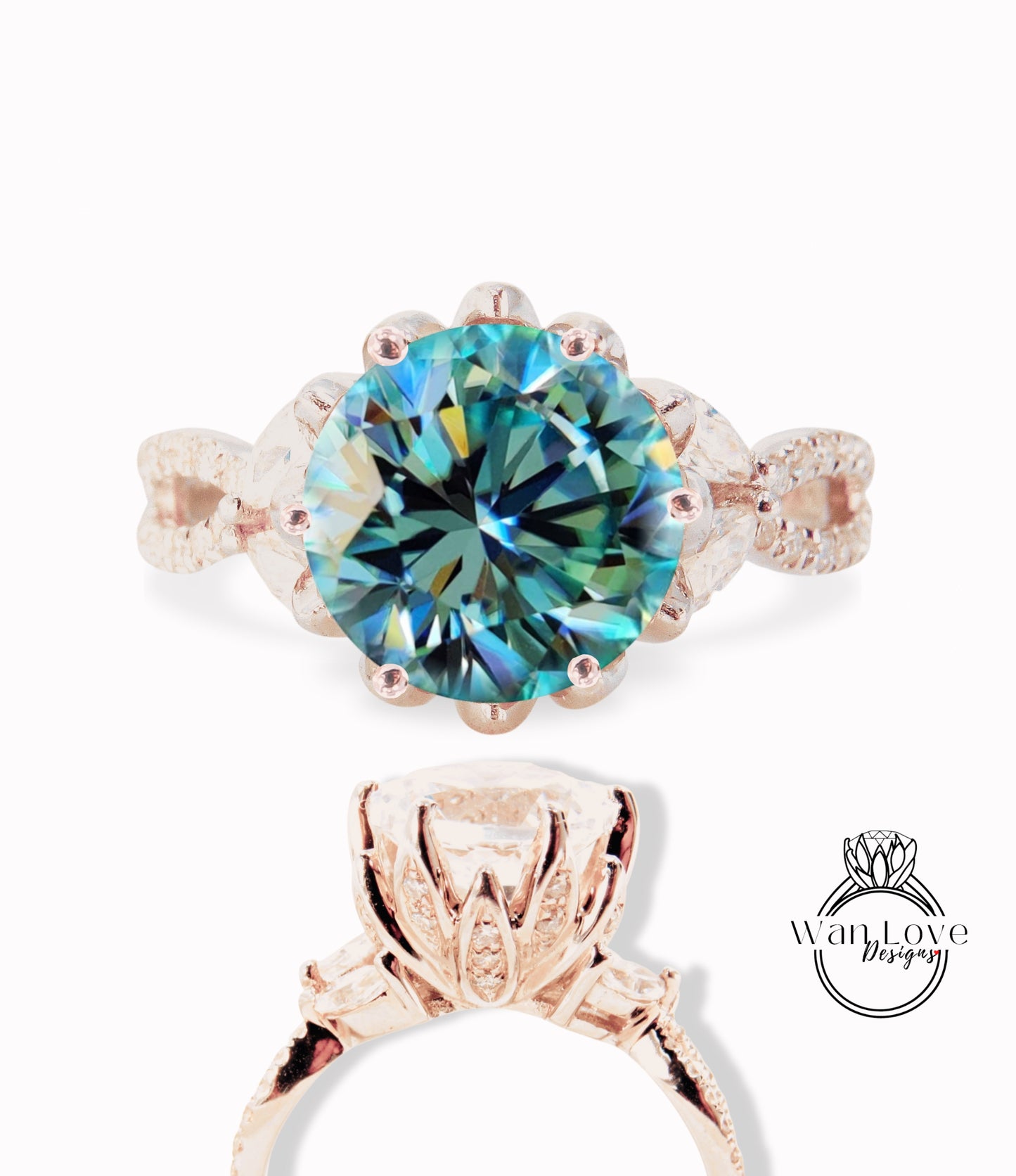 Anello vintage con fiore di loto con diamante blu Moissanite Anello di fidanzamento con gambo diviso con foglia di marchesa Anello di fidanzamento con fiore antico anello rotondo Anello di promessa di matrimonio