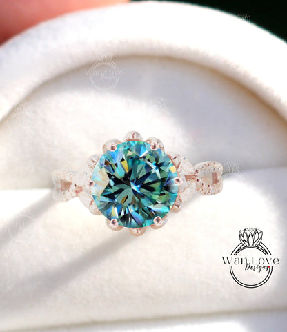 Anello vintage con fiore di loto con diamante blu Moissanite Anello di fidanzamento con gambo diviso con foglia di marchesa Anello di fidanzamento con fiore antico anello rotondo Anello di promessa di matrimonio