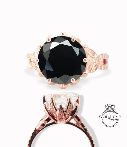 Black Spinel & Diamond Lotus Flower Split Shank Leaf Engagement Ring, 14k 18k White Yellow Rose Gold, Platinum,Custom,Wedding, Gift