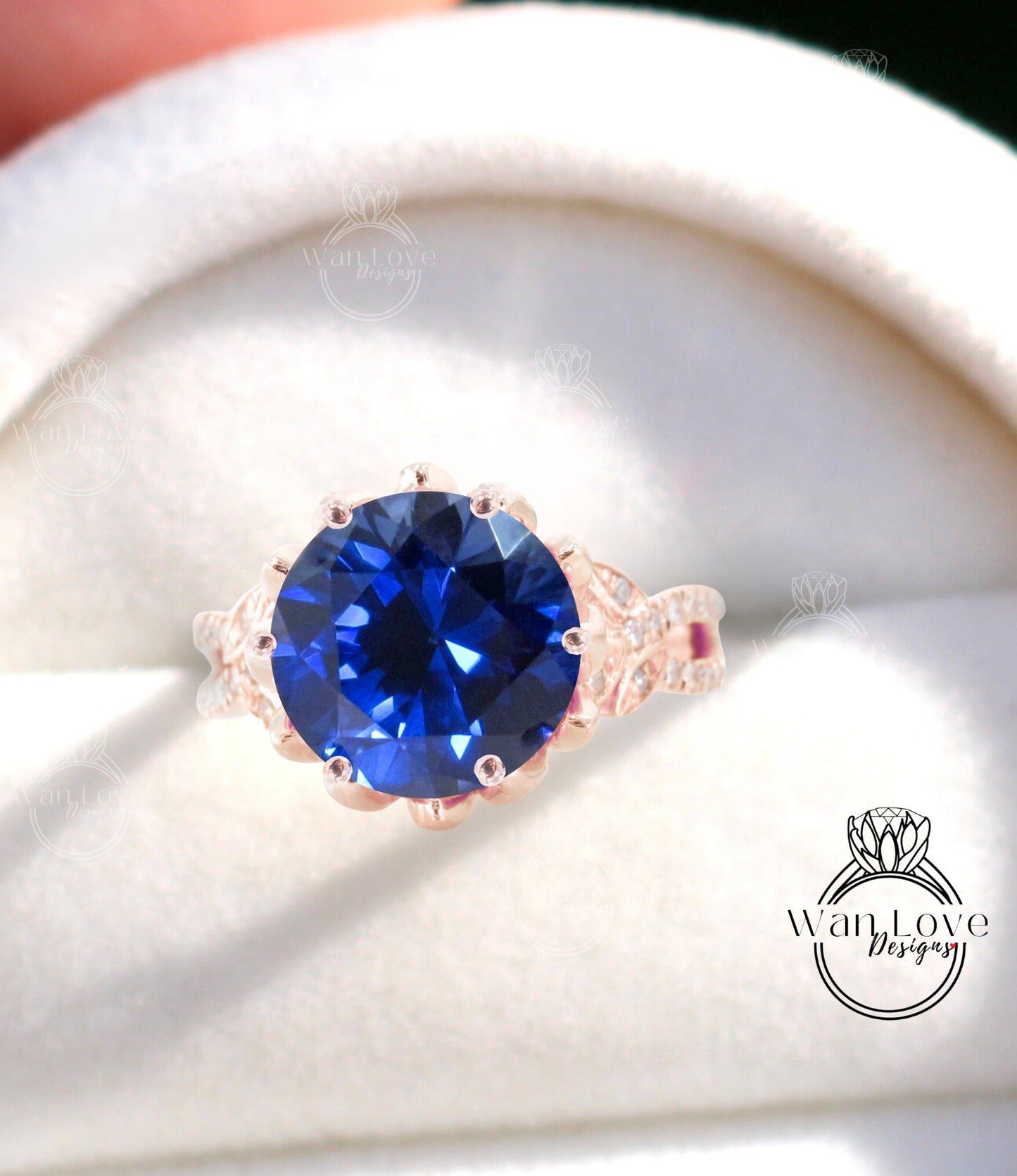 Anello di fidanzamento con foglia con gambo diviso e fiore di loto con zaffiro blu e diamante, oro rosa giallo bianco 14k 18k, platino, personalizzato, matrimonio, regalo