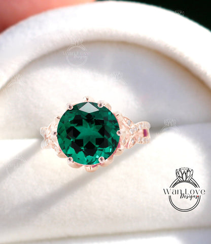 Emerald & Diamond Lotus Flower Split Shank Leaf Engagement Ring, 14k 18k White Yellow Rose Gold, Platinum,Custom,Wedding,Anniversary