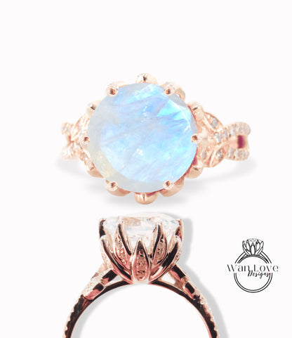 Moonstone & Diamond Lotus Flower Split Shank Leaf Engagement Ring, 14k 18k White Yellow Rose Gold, Platinum,Custom,Wedding,Rainbow