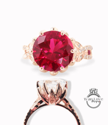 Ruby & Diamond Lotus Flower Split Shank Leaf Engagement Ring, 14k 18k White Yellow Rose Gold, Platinum,Custom,Wedding,Gift