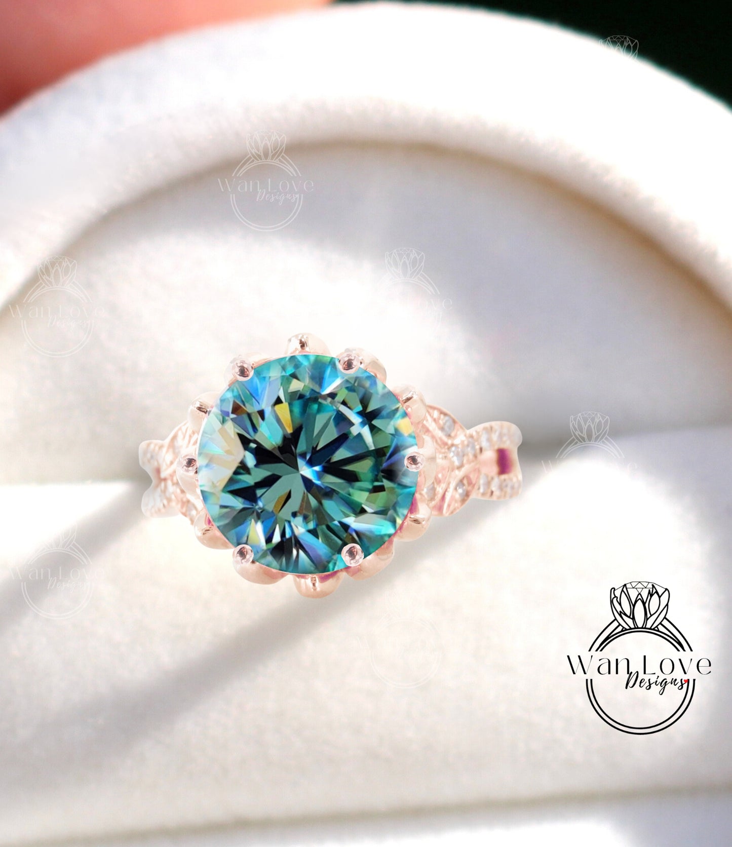 Anello di fidanzamento con moissanite blu e diamante con fiore di loto e foglia con gambo diviso, regalo personalizzato per l'anniversario di matrimonio