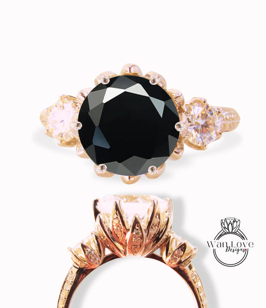 Anello di fidanzamento con spinello nero e diamante fiore di loto con 3 pietre preziose, personalizzato, rotondo, oro bianco giallo rosa 14k-platino