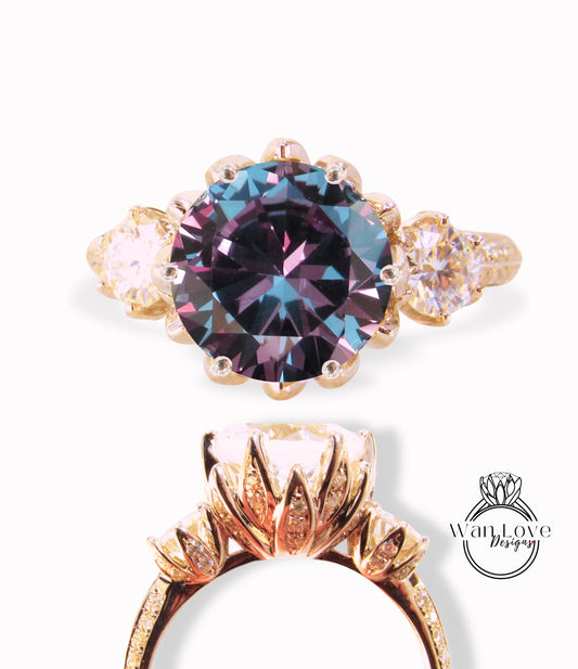 Anello di fidanzamento con fiore di loto con 3 pietre preziose di zaffiro blu e diamante, anello floreale rotondo, oro rosa giallo bianco 14k 18k-platino, realizzato su misura