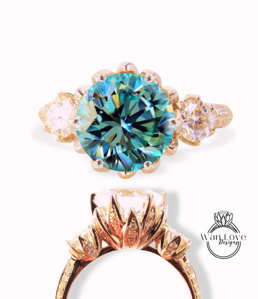Teal Blue Green Moissanite & Diamond Lotus Flower 3 gemstone Engagement Ring, 14k 18k White Yellow Rose Gold-Platinum-Custom-Three gem stone Bridal Wedding Ring-Anniversary Gift