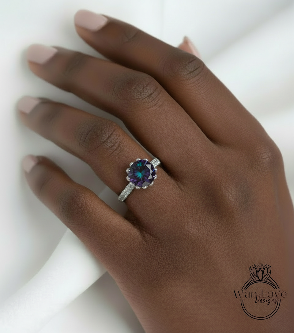 Alexandrite & Diamond Lotus Flower Engagement Ring, Round, Custom,14k 18k White Yellow Rose Gold,Platinum,Wedding,Anniversary Gift
