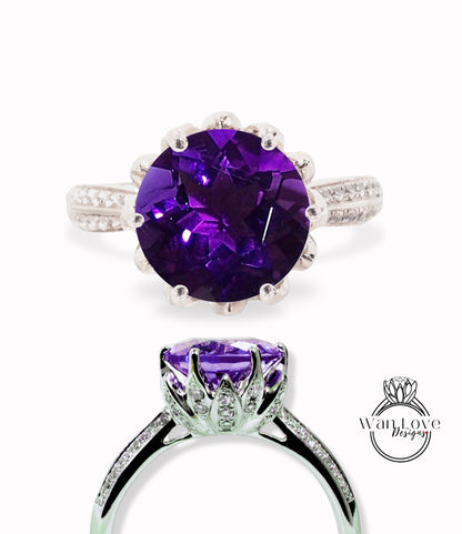 Amethyst & Diamond Lotus Flower Engagement Ring Round 14k 18k White Yellow Rose Gold-Platinum-Custom-Wedding-Anniversary Gift