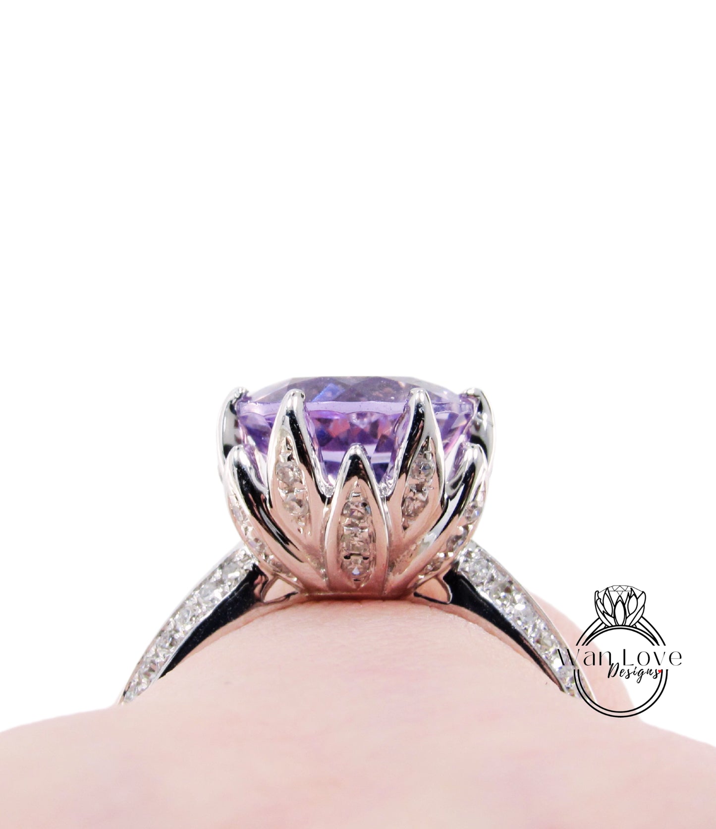 Amethyst & Diamond Lotus Flower Engagement Ring Round 14k 18k White Yellow Rose Gold-Platinum-Custom-Wedding-Anniversary Gift